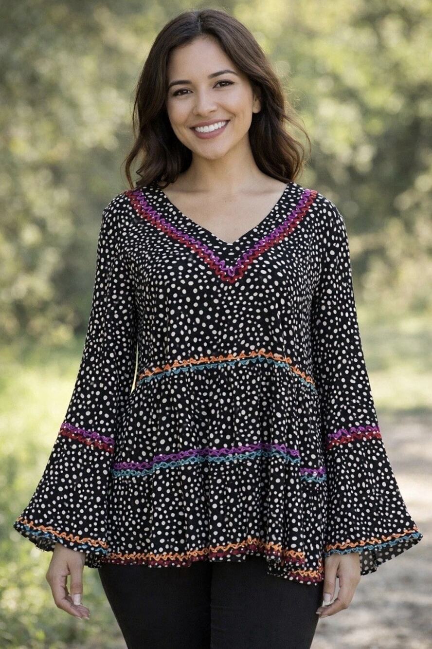 Savanna Jane Boho Polka Dot Tunic Blouse Bell Sleeve Embroidered Large black
